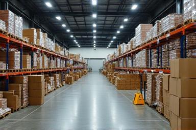 Vista de un almacén de distribución de equipos deportivos